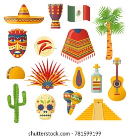 Carnival masquerade in Mexico. Holiday with costumes, music, culture, traditions. Musical instruments, clothing, food, beverages, plants. Party festival symbols, travel to Mexico. Vector illustration.