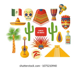 Carnival masquerade in Mexico. Mexican holiday 5 may, Cinco De Mayo. Holiday with costumes, music, culture, traditions, clothing, food, beverages, plants. Party festival symbols. Vector illustration.