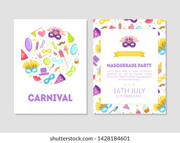 Carnival, Masquerade Party Banner, Flyer or Invitation Card Template with Place for Text, Two Sides Vector Illustration
