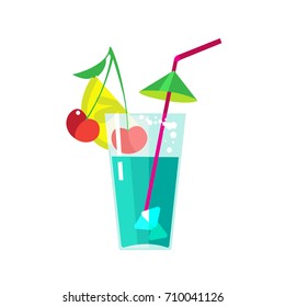 Carnival, masquerade, party and festive accessories. Festive fruit cocktail in a transparent glass with a straw, cherry, lemon and ice. Vector illustration isolated on white background.