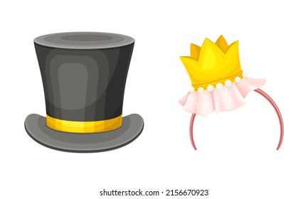 Carnival or masquerade party objects set. Gentleman top hat and headband with crown cartoon vector illustration