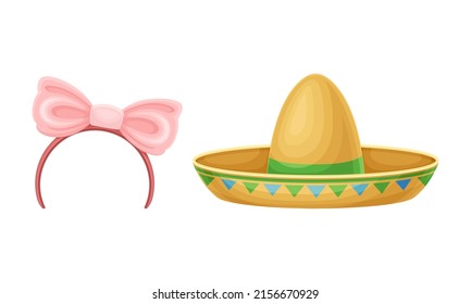 Carnival or masquerade party objects set. Mexican sombrero hat and headband with bow cartoon vector illustration