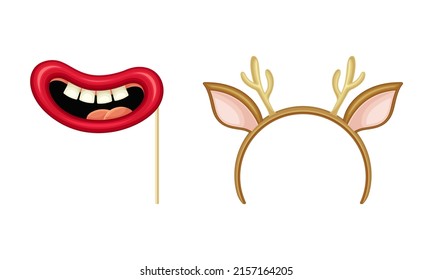 Carnival or masquerade party objects set. Red lips and headband with deer horns cartoon vector illustration