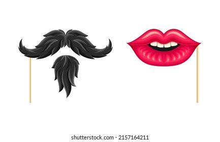 Carnival or masquerade party objects set. Moustache, beard and lips cartoon vector illustration