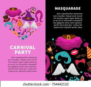 Carnival masquerade party poster of masks and costume accessories. Vector flat icons set of birthday party carnival mask, witch hat and magic wig, angel wing or mustache glasses and bunny ears