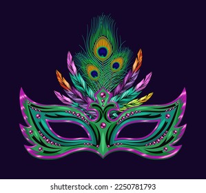 Carnival masquerade turquoise mask decorated with beads, bundle of colorful feathers. Detailed illustration in vintage style