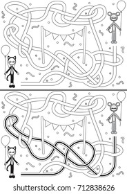 Carnival maze for kids with a solution in black and white