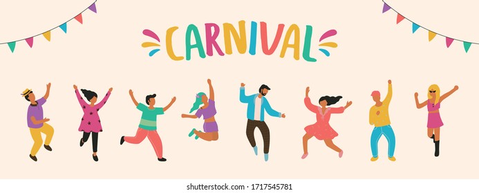 Carnival men and women in bright costume. Diverse group. Happy people set. Jumping dance, Different pose. Celebrating holiday. Banner, Poster. Trendy Hand drawn style. flat vector design illustration.