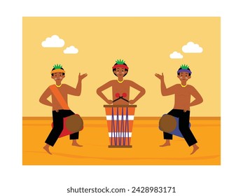 Carnival men's group with drums, celebrating dancing and music, happy people. Character design. Vector flat illustration