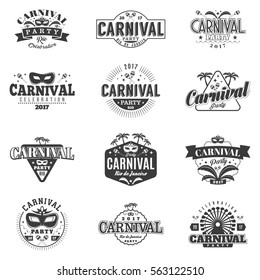 Carnival  monochrome badges set in retro style with masquerade masks, maracas, palms, ferris wheel, musical instruments and more. Isolated. Vector. Carnival signs, symbols and logo
