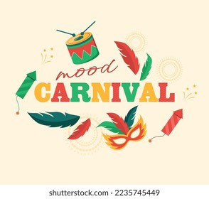 Carnival mood concept. Drums and colorful mask with bright feathers. Culture and traditions, international holiday and festival. Poster or banner for website. Cartoon flat vector illustration