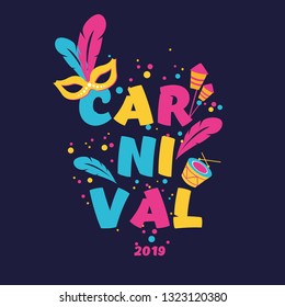 Carnival is the most popular festive event in Brazil. Carnival, masks, musical instruments, fireworks, dancing. Vector illustration