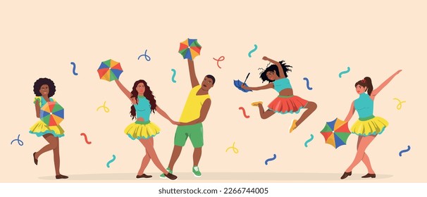 Carnival and music festival banner. Frevo dancing flat vector illustration. 