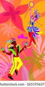 Carnival music festival dance songs. Cheerful dancing people in carnival costumes sing and dance young women and men at a masquerade festive abstract tropical background contemporary template vector