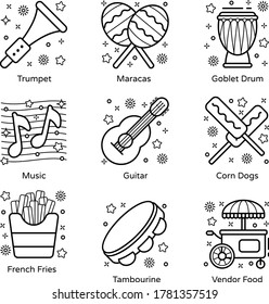 Carnival and Musical Instrument Line Icons Pack 