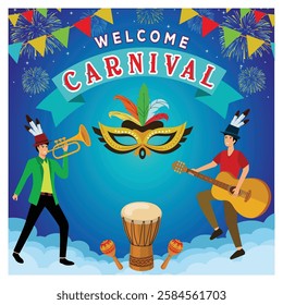 Carnival with musicians, traditional instruments, a feathered mask, and colorful fireworks, celebrating the lively festive spirit. Flat vector modern illustration 