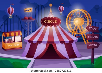 Carnival night. Circus park background. Fair theme with tent and fun attractions. Festival ferris wheel and ride rollercoaster carousel. Fairground pointer stick. Vector cartoon garish illustration