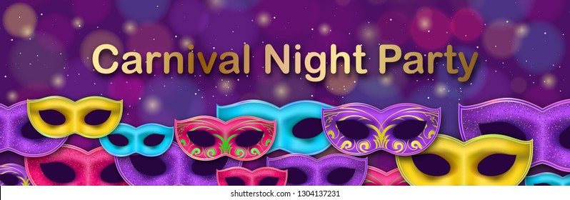 Carnival Night Party horizontal banner with golden Lettering. 3D Masquerade Carnival Masks on festive bokeh background. Mardi Gras amusement poster. Funfair flyer. Place for text. Vector illustration