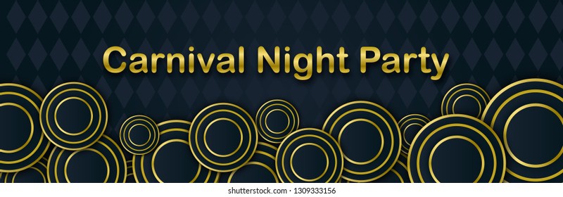 Carnival Night Party horizontal banner with golden Lettering. Carnival decorative floral elements, circles and dark geometric Mardi Gras pattern. Amusement poster. Funfair flyer. Vector illustration