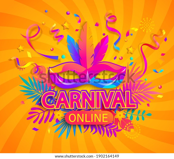 Carnival online party banner. Invitation\
card for live stream of festival. Mask with feathers for festive on\
fluid gradient background. Template for design flyer,poster. Vector\
illustration.