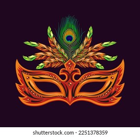 Carnival orange mask decorated with beads, bundle of colorful feathers. Detailed illustration in vintage style