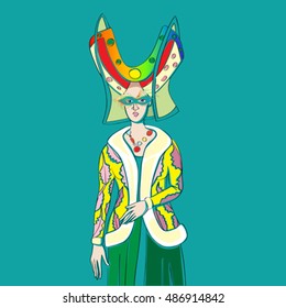 Carnival outfit inspired by a medieval costume, hand drawn cartoon illustration over a turquoise background, Mardi Gras card