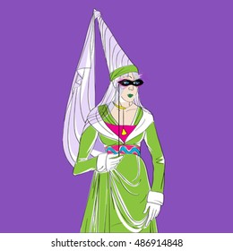 Carnival outfit inspired by a medieval costume, hand drawn cartoon illustration over a purple background, Mardi Gras card