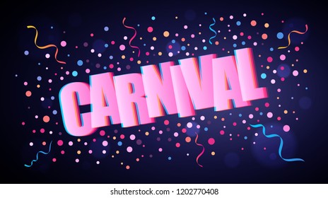 Carnival overlapping festive lettering with colorful round confetti over dark violet background for your graphic and web design