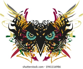 Carnival owl head mask with colored splashes. Scary owl with huge eyes, floral and feathers elements for holidays and events, tattoos, prints on T-shirts, posters, textiles, emblems, wallpaper, etc.