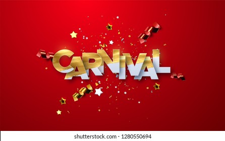 Carnival paper label with glitters, streamers and stars. Vector illustration. Holiday event sign. Carnaval festive banner design