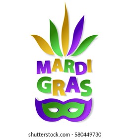 Carnival paper mask with gold, green, yellow and violet colors with lettering Mardi Gras. Isolated on white background. Vector illustration. Elements for banner, holiday, party.