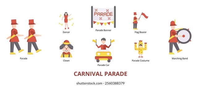 Carnival Parade Flat Banner Web Icon Set Vector Illustration