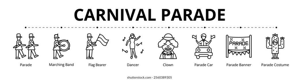 Carnival Parade Line Banner Web Icon Set Vector Illustration