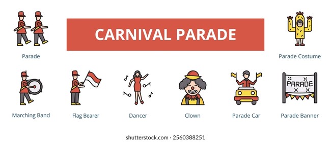 Carnival Parade Lineal Color Banner Web Icon Set Vector Illustration