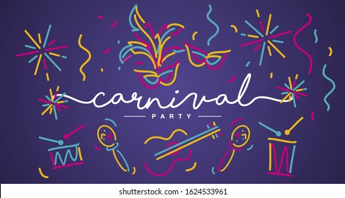 Carnival Party 2020 handwritten typography colorful line design carnival elements and music instruments purple invitation card