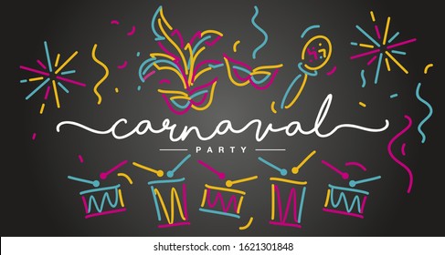 Carnival Party 2020 Portuguese language handwritten typography colorful line design carnival elements black invitation card