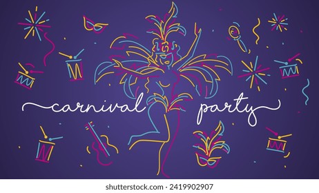 Carnival party 2024 handwritten typography colorful logo. Girl samba dancer mask carnival music elements and confetti isolated on purple background