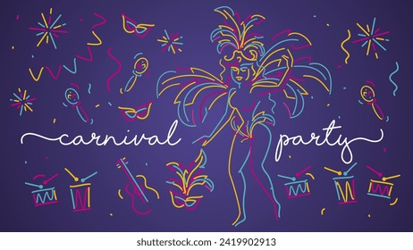 Carnival party 2024 handwritten typography colorful logo. Girl samba dancer and carnival elements with confetti isolated on purple background