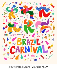 Carnival party art poster with funny dancing people. Design for Brazil Carnival. Decorative abstract illustration with colorful doodles. Music festival illustration