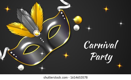 Carnival Party background with 3d realistic mask, ribbon and feather, in black and gold color vector illustration