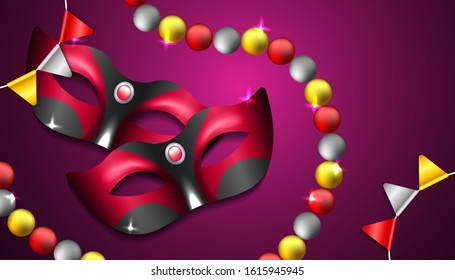 Carnival Party background with 3d realistic mask, balls and flag vector illustration