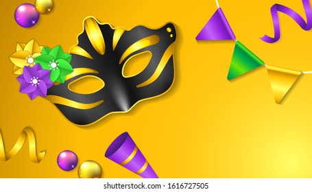 Carnival Party background with 3d realistic mask, balls, ribbon and trumpet vector illustration