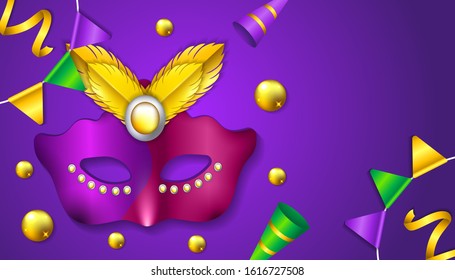Carnival Party background with 3d realistic mask, balls, ribbon and trumpet vector illustration