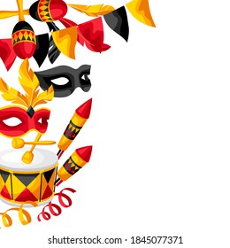 Carnival party background with celebration icons, objects and decor. Illustration for traditional holiday or festival.
