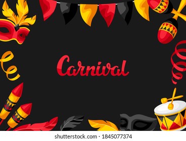 Carnival party background with celebration icons, objects and decor. Illustration for traditional holiday or festival.