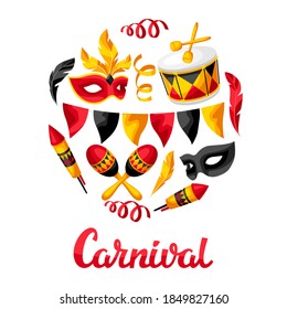 Carnival party background with celebration icons, objects and decor. Illustration for traditional holiday or festival.