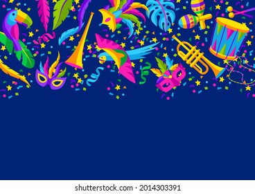 Carnival party background with celebration icons, objects and decor. Mardi Gras illustration for traditional holiday.