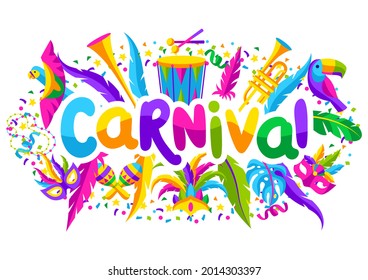 Carnival party background with celebration icons, objects and decor. Mardi Gras illustration for traditional holiday.