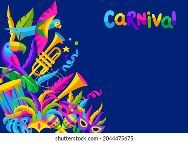 Carnival party background with celebration icons, objects and decor. Mardi Gras illustration for traditional holiday.