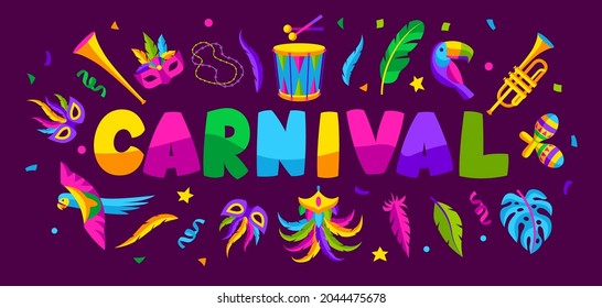 Carnival party background with celebration icons, objects and decor. Mardi Gras illustration for traditional holiday.